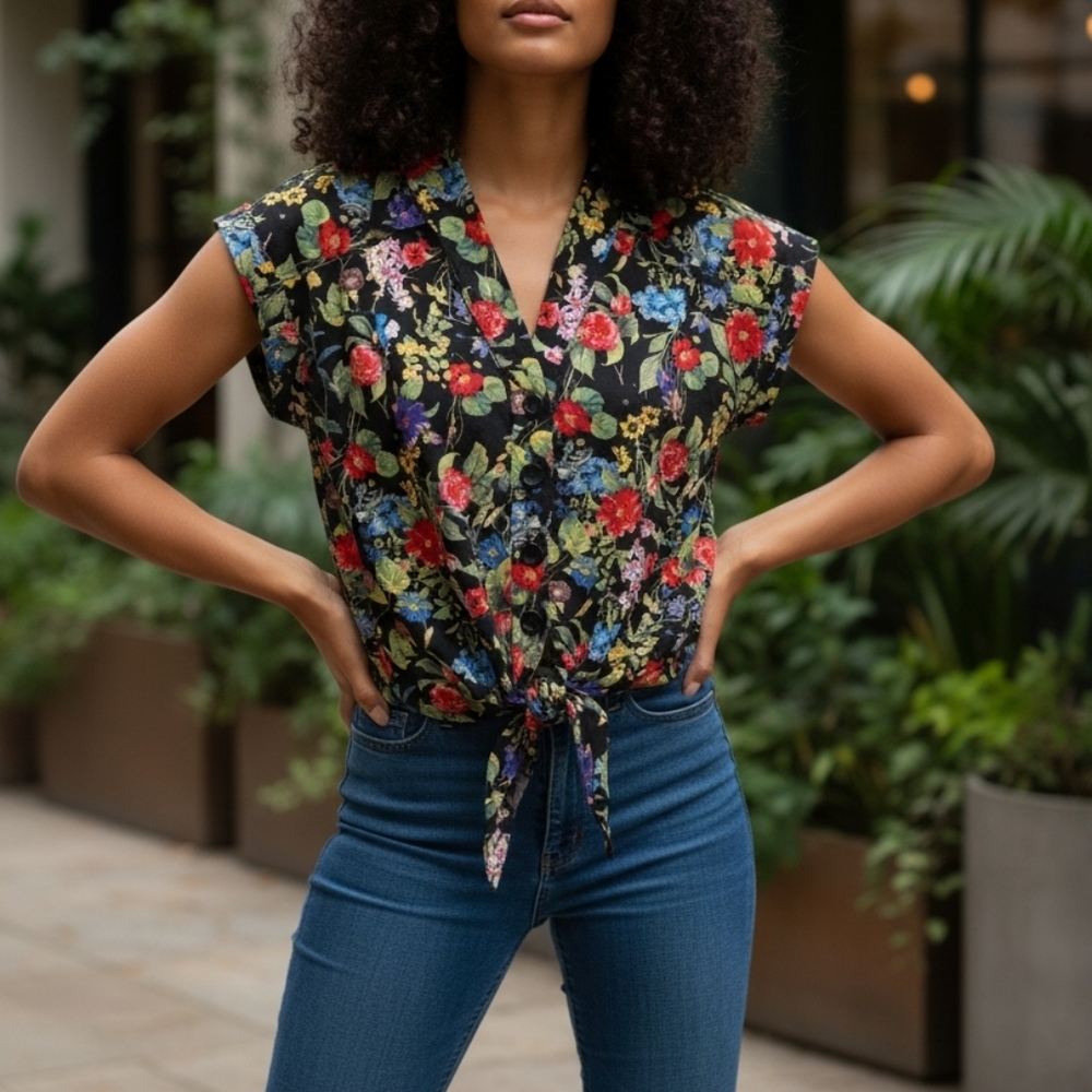 Annie 50 V Neck Button Down Front Tie Floral Top Blouse